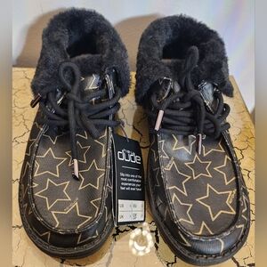 HEY DUDE womens Britt STARRY BLACK & gold faux fur booties US size 8